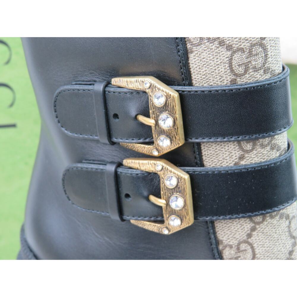 GUCCI SUPREME KENSINNGTON LEATHER LOGO MONOGRAM CRYSTALS BUCKLE SHORT BOOTS 39.5 - Picture 8 of 12